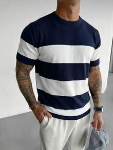 GRDR Áo thun nam mùa xuân/hè cổ tròn tay ngắn kẻ sọc phối màu dệt kim gân dáng ôm, phong cách quý tộc cổ điển, giản dị nhưng tinh tế, đa năng cho mặc hàng ngày. Áo thun nam dệt kim thiết kế cao cấp. - Màu xanh hải quân - Xem 2