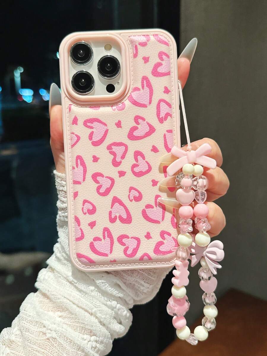 Pink Heart Pattern & Bow Lanyard Set, Minimalist Girly Style Suitable For IPhone 17/17 Pro A Max/Air/7/8/7p/8p/X/XS/XR/XS Max/11/11 Pro/11 Pro Max/12/12 Pro/12 Pro Max/12 Mini/13/13 Pro/13 Pro Max/13 Mini/14/14 Pro/14 Plus/14 Pro Max/15/15 Pro/15 Plus/15 Pro Max/16/16 Pro/16 Pro AMX/16 Plus/17/17 Pro/17 Pro Max/17 Air Phone Cases, Valentine''s Day Gift - Pink - View 1