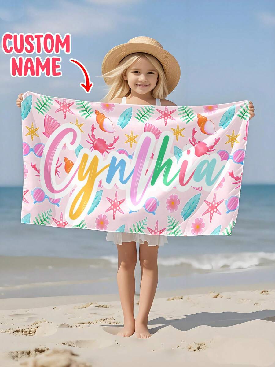 1pc Personalized Kids Beach Towel, Summer Birthday Gift, Summer Vibe, Girls Beach Travel, Customized Beach Towel, Swimming Pool, Beach Decor - Multicolor - View 1