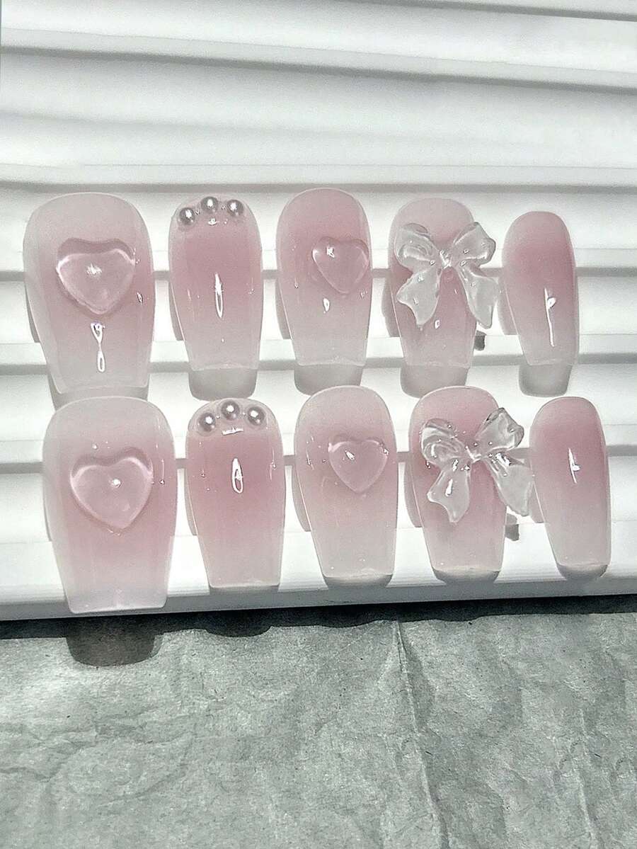 10pcs Cute Pink Sweet Princess Removable Handmade Short False Nails, Y2K Energetic Girl Blush Bow Nail Stickers, Press-On Nail Art Supplies (1 Jelly Sticker + 1 Nail File) - Pink - View 1