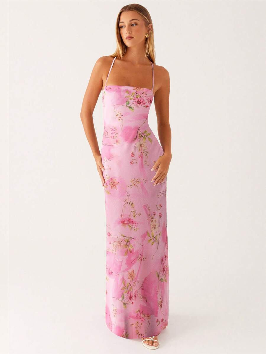 Women's Summer Boho Floral Print Cami Dress Bodycon Long Maxi Dress Spaghetti Straps Sleeveless Square Neck Self-Tie Lace Up Backless Cocktail Party Dresses Beach Dress - 粉色 - 查看 1