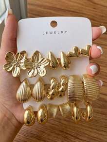 Set de 6-18 cercei eleganți cu motive florale, lacrimă, inimă, spirală, combinație geometrică, la modă și versatili, potriviți pentru întâlniri, vacanțe, purtare zilnică, petreceri, sărbători, cadouri pentru femei - Aur - Vizualizare 1