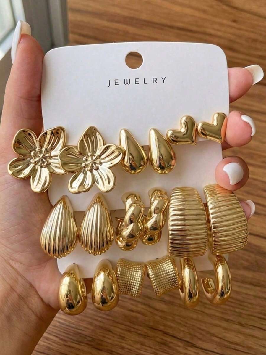 Set de 6-18 cercei eleganți cu motive florale, lacrimă, inimă, spirală, combinație geometrică, la modă și versatili, potriviți pentru întâlniri, vacanțe, purtare zilnică, petreceri, sărbători, cadouri pentru femei - Aur - Vizualizare 1