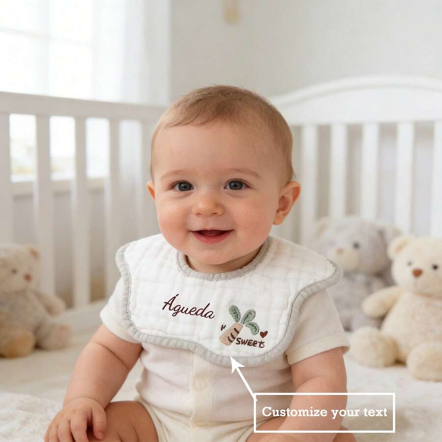 1pc Custom Text Embroidered Baby Muslin Drool Bibs, Waterproof Newborn Feeding Scarf, Suitable For Boys And Girls, All Seasons - Multicolor - View 1