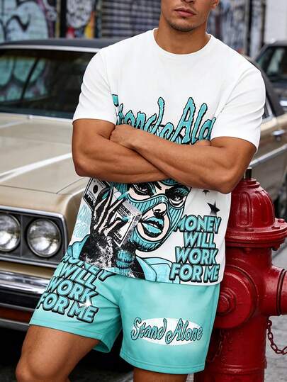 男士休闲运动两件套，字母和图案数码印花短袖T恤搭配短裤，柔软舒适的针织面料，街头风夏季装扮