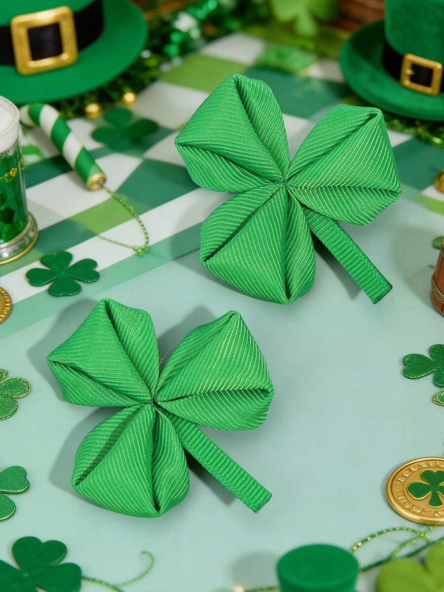 2个圣帕特里克节女孩发夹，四叶草发夹，绿色发夹，适合爱尔兰国庆日，日常及节日派对佩戴，圣帕特里克节发饰 - 綠色 - 查看 1