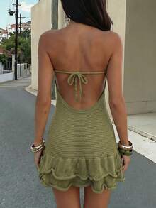 Women's New Green Circular Hardware Cut-Out Back Tie Strapless Backless Semi-Sheer Double Layer Ruffled Hem Slim-Fit Mini Dress, Fashionable Casual Vacation Sexy Romantic Party Beach Valentine's Day Mini Dress, Spring And Summer - Olive Green - View 2