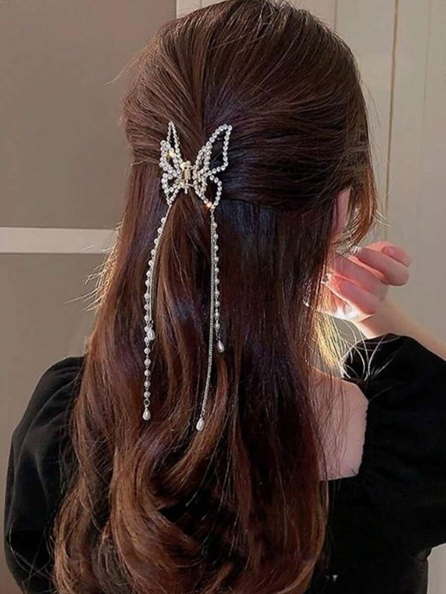 1pc Rhinestone Hollow Butterfly Pearl Tassel Hair Claw - Gold - View 1