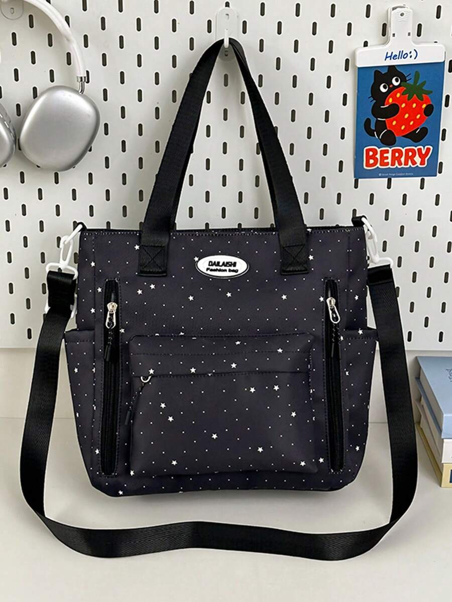 1pc 30cm*30cm Nylon Student Tutoring Shoulder Bag, New Star Polka Dot Tutoring Single Bag For Women, Large Capacity Casual Sling Bag, Lightweight Travel Backpack For Boys Girls Middle High School, Multi-Pocket Big Capacity Tutoring Bag - Black - View 1