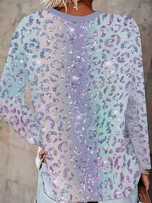 Women's Turquoise Blue & Purple Iridescent Shimmer Full-Body Print Blouse - Long Sleeve Round Neck Top With Rainbow Effect, Casual Spring/Fall Outfits, Machine Washable Suitable For Parties, Festivals, Casual Attire - 混合顏色 - 查看 2