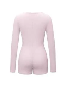 Vaiaye Women's V-Neck Button Solid Color Minimalist Jumpsuit - Slim Fit Long Sleeve Short Jumpsuit, Suitable For Fitness, Sexy Versatile Outdoor Sports, Valentine's Day Spring/Summer Long Sleeve Knit Jumpsuit - Pink - View 4