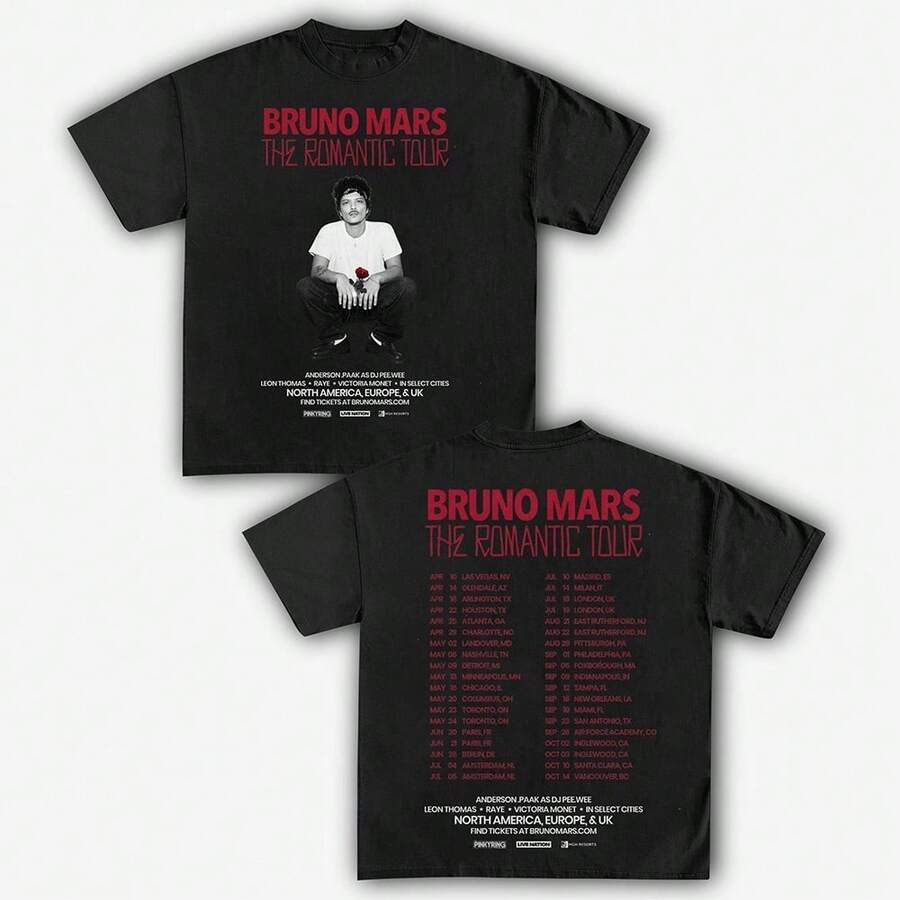 Bruno Mars The Romantic 2026 Tour Tee, Bruno Mars Unisex T-Shirt, Concert Outfit. - 黑色 - 查看 1