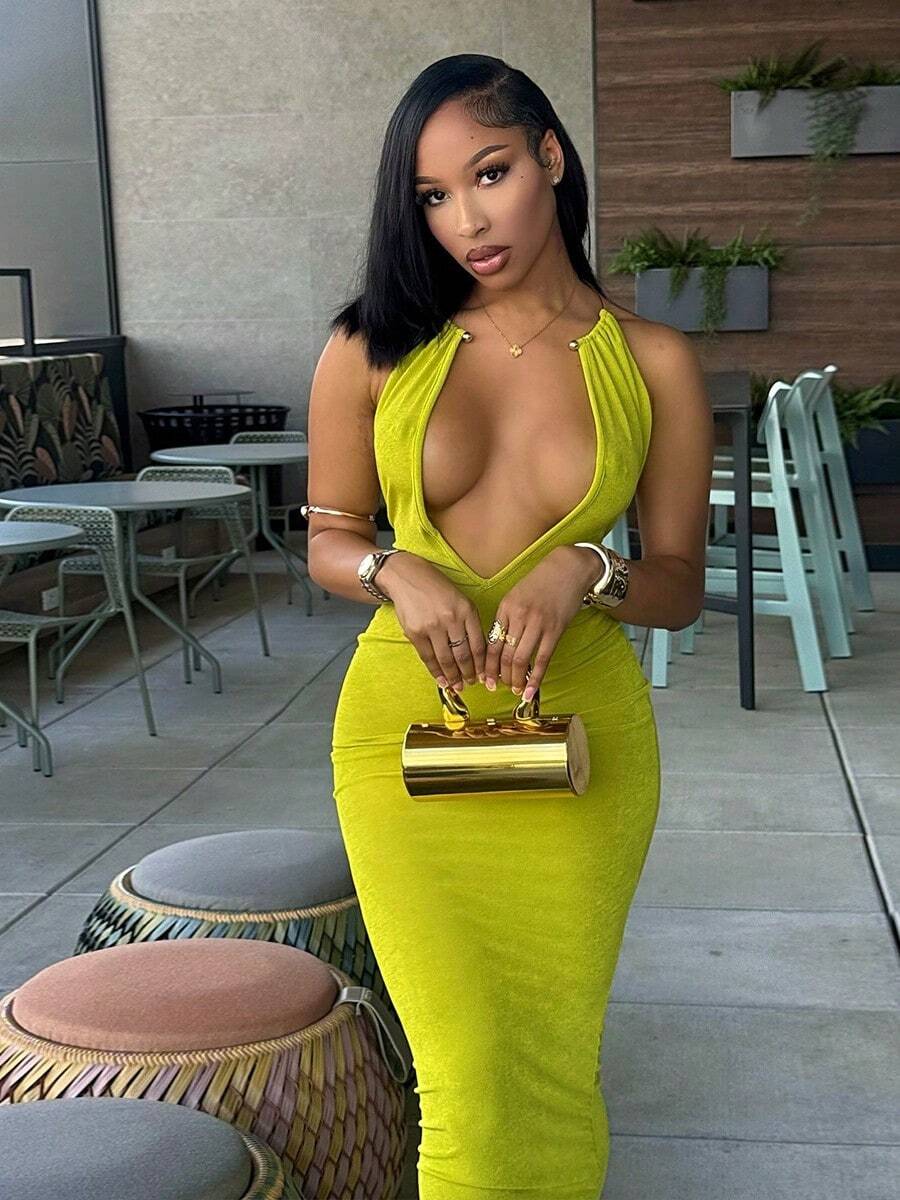 Vestidos Elegantes De Mujer Wedding Guest Dress Women Formal Dresses For Women Prom Dress  Prom Dresses For Women Dresses For Women Wedding Guest Sexy And Form-Fitting Deep V-Neck Metal Halter Long Dress - màu xanh lá - Xem 1