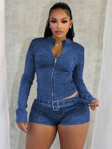 Women's Two-Piece Set, Fashionable And Elegant Temperament, Sexy Spice Girl Style, Long-Sleeved Crew Neck Zipper Denim Top, Elastic Shorts, Denim Suit. - Màu xanh lam - Xem 2