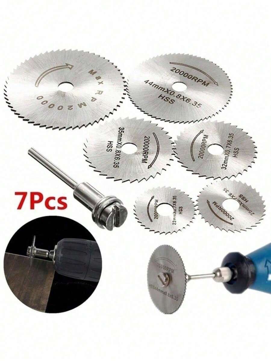 7 piezas/set Discos de sierra circular de metal, hojas de sierra de alta velocidad de acero con vástago, mini hojas de sierra con mandriles para cortar madera en el almacén - Plateado - Ver 1