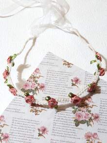 Diadema con cinta de rosa romántica para mujer, accesorio de cabello dulce y lindo con flor de perlas falsas, diadema con flor de rosa etérea - Multicolor A - Ver 14