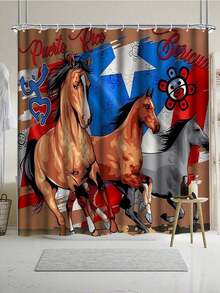 四件套波多黎各浴室套装，春季浴室装饰，防水布浴帘套装（含12个挂钩），防滑浴室地毯，U型马桶垫，马桶座套，精美礼品 - 彩色 - 查看 4