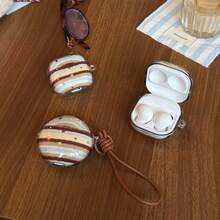 Ốp tai nghe kiểu dáng retro màu xanh dương và nâu sọc phối hợp hình ngôi sao, tương thích với Freebuds 7i, Freebuds 2, Freebuds SE3, Freebuds 5i, Galaxy Buds Pro 3. Ốp tai nghe phong cách Hàn Quốc dễ thương. - màu nâu - Xem 2