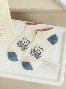 1/5双可爱小熊图案女士短袜，透气竹棉大网眼设计，可爱学院风，适合春秋季日常穿着 - 彩色 - 查看 10