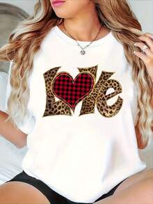 Camiseta de cuello redondo con diseño de estampado de leopardo en forma de corazón para mujeres - Estilo casual suelto, lavable a máquina, top para todas las estaciones, camiseta impresa divertida, material cómodo, excelente opción de regalo - Blanco - Ver 1