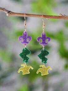 1对嘉年华小丑帽和鸢尾花亮片流苏亚克力吊坠耳环，嘉年华派对游行耳环，礼物 - 彩色 - 查看 7