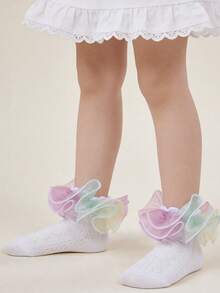 1 Pair Cotton Children's Lace Trim Short Socks, Fluffy Lace Mesh Girls' Lace Trim Socks, Cute Princess Dance Socks - White - View 6