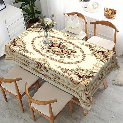 1pc/Elegant Retro Beige, Floral Rose Print Tablecloth, Elegant Classic Style, Durable And Stain-Resistant Polyester Tablecloth, Adorned With A Gorgeous Border, Romantic Floral Pattern, Suitable For Everyday Dining, Weddings, Family Dinner Parties, Housewarming Parties, Home Kitchen Table Decoration, And Formal Party Setup