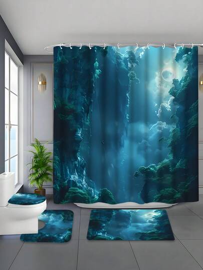 1/4 Pcs Extreme Adventure Print Bathroom Set, Includes Shower Curtain, Thick Waterproof Anti-Mold Non-Slip Bath Mat, Toilet Seat Cover, Bath Mat, And 12 Plastic Hooks, Bathroom Decor