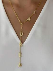 1 pieza Collar con placa con nombre personalizado, personalizable con 1-12 letras, collar con placa en forma de Y estándar, mejora el estilo personal, regalo de joyería, collar con placa bañada en oro - Versión diamante - Ver 2