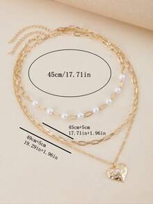 2件套时尚项链，优雅女士爱心吊坠仿珍珠串珠多层项链，派对宴会珠宝配饰 - 項鍊 - 查看 5