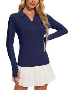 MathCat Women's Long Sleeve Golf Shirts UPF50+ Quickly Dry Tennis Polo Lightweight Sports Athletic Tops - 海軍藍色 - 查看 1
