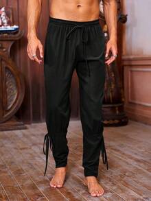 Men's Vintage Medieval Lace Up Pants, Viking Pirate Style Tapered Ankle Linen Costume Trousers For Themed Parties & Reenactments - 黑色 - 查看 1