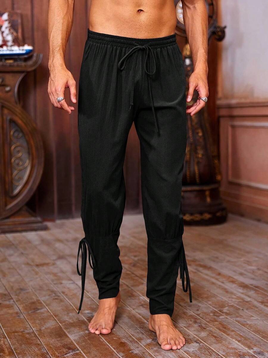 Men's Vintage Medieval Lace Up Pants, Viking Pirate Style Tapered Ankle Linen Costume Trousers For Themed Parties & Reenactments - 黑色 - 查看 1