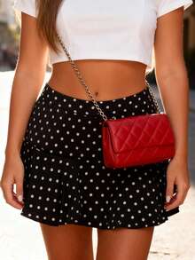 Women's Plus Size Mini Skirts Fashionable Dot Print Mid Rise Pleated Hem Going Out Skirt - Black - View 3