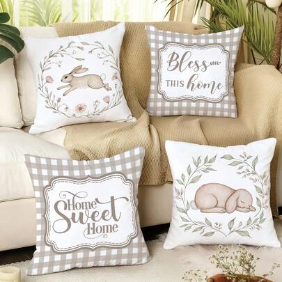 MEMNUN 4 st. påskbondgård akvarell kaninkranstryck örngott [utan kuddinlägg], 17,7*17,7 tum (45*45 cm)/19,69*19,69 tum (50*50 cm)/15,75*15,75 tum (40*40 cm), [enkelsidigt tryck] Beige rutiga "HOME SWEET HOME & BLESS THIS HOME" citat polyester örngott, heminredning, sovrumsinredning, rumsdekoration, lämplig för soffa, säng, vardagsrum, sovrum, bil, kontor, hotell, alla årstider, perfekt present till familj och vänner