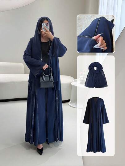 Dammorgonrock, dammorgonrock och huvudduk i två delar: Enfärgad, dekorerad med strass på sidan, visar upp den eleganta och lyxiga mellanösternstilen, draperat tyg - ett perfekt val för exklusiva inomhussammankomster på hösten/vintern, även ett perfekt val för elegant festklänning för kvinnor.