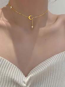 1pc S925 Sterling Silver Minimalist Fresh Elegant Star Tassel Necklace, Women's Daily Commute Versatile Exquisite Star Moon Choker Necklace, Holiday Gift - Stars and Moon - View 5