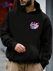 This Valentine's Day Men's Casual Street Hip-Hop Style Hooded Sweatshirt Is Produced Under License From . It Features A Romantic Cartoon Stitch Pattern Printed On It. The Front Is Designed With A Pocket. This Stylish Men's Hooded Top Is Suitable For Wearing In Autumn And Winter Seasons, And Can Also Be Given As A Gift To Friends. - Boys - Black - View 2