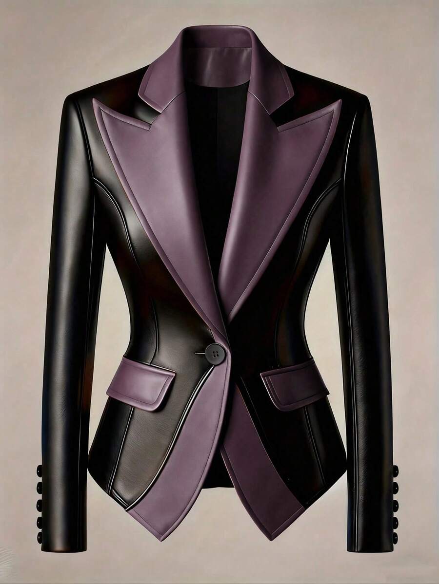 Fashionable Contrast Color Lapel Waist Cinched PU Leather Jacket, Stylish Outerwear