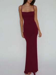 女士纯色开衩修身露背性感优雅连衣裙，适合春夏夜晚外出、派对、夜店、度假、海滩休闲穿着。 - 酒紅色 - 查看 3