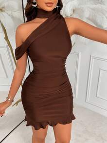AIJ Amarilo Standard Brown Mock Neck One-Shoulder Ruffled Sexy Mini Dress – Women's New Spring Summer Sexy Style, Perfect For Parties, Dinners & Casual Outings - Brown - View 6