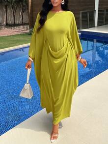 AIJ Amarilo 女士优雅连衣裙 - 多层设计，配有可调节腰带和蝙蝠袖，适合派对、聚会和日常穿着。 - 綠色 - 查看 1