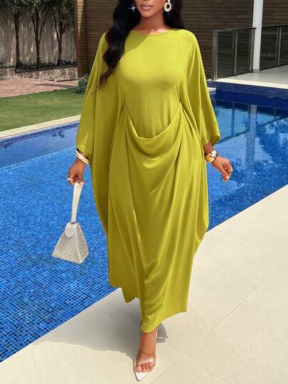 AIJ Amarilo Women's Elegant Dress - Layered Design, Adjustable Waist Belt And Batwing Sleeves, Suitable For Parties, Gatherings And Everyday Wear