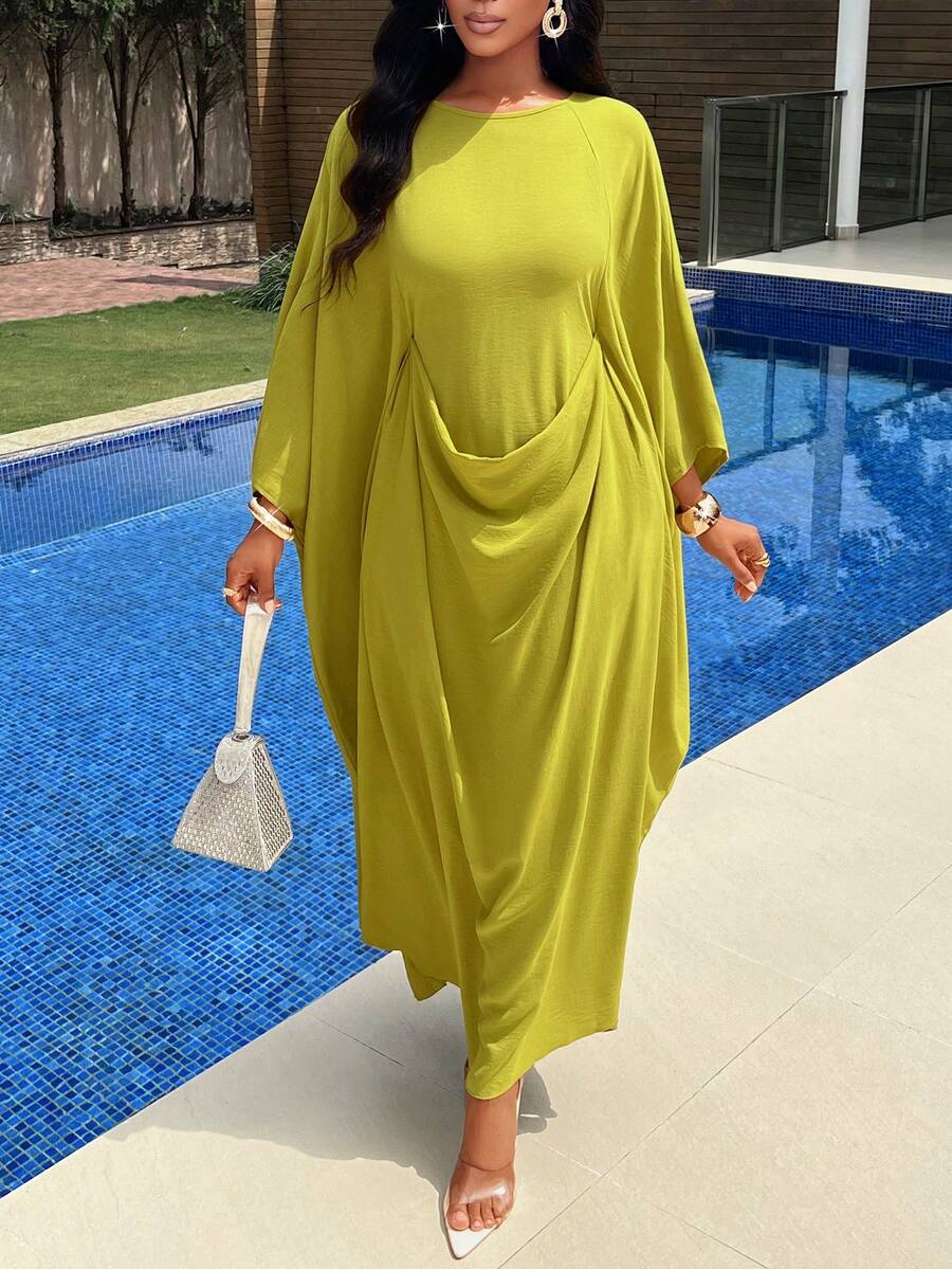 AIJ Amarilo 女士优雅连衣裙 - 多层设计，配有可调节腰带和蝙蝠袖，适合派对、聚会和日常穿着。 - 綠色 - 查看 1