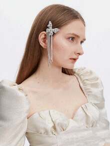 Shiny Butterfly Metallic Tassel Barrette, Korean Minimalist Style Bangs Clip Side Hair Clip Accessories - Multicolor - View 4