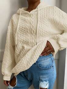 女士休闲宽松针织提花长袖卫衣 - 杏色-1 - 查看 6