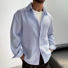GloMan 男士度假长袖衬衫，复古亚麻混纺条纹纽扣衬衫，宽松男女通用蓝白条纹休闲衬衫，四季皆宜情侣装，适合海滩、音乐节、约会之夜等各种场合，是情人节、父亲节、周年纪念日和母亲节的完美礼物。 - 藍色 - 查看 2