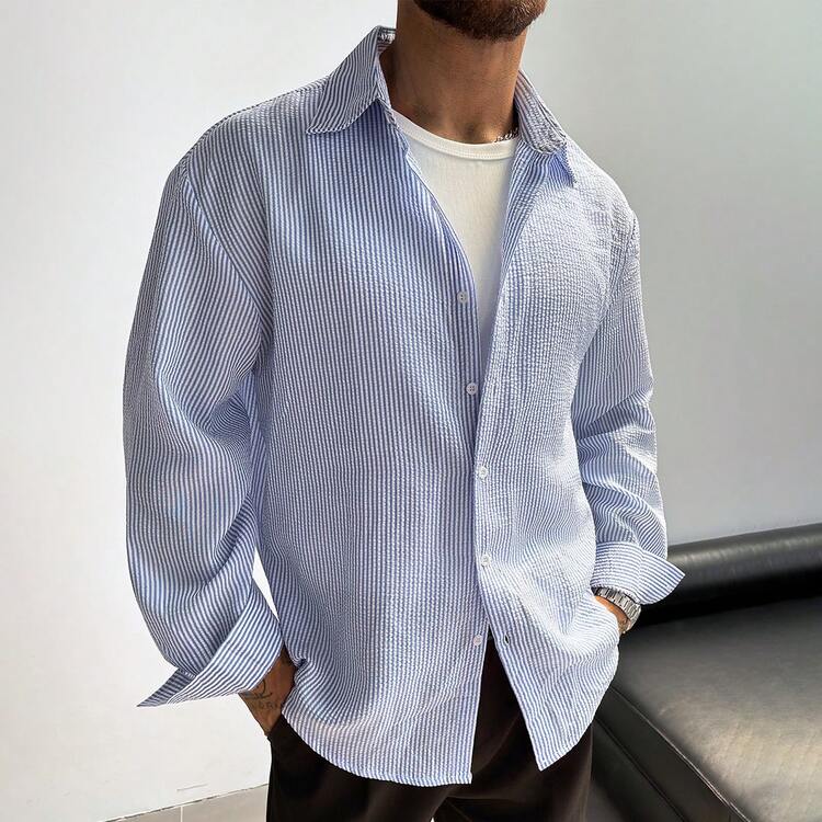 GloMan Vacation Long Sleeve Shirts For Men, Old Money Style Linen Blend Fabric Striped Button Up Shirt, Oversized Unisex Blue White Striped Casual Shirts, All Season Couple Matching, Holiday Top For Beach, Music Festival, Date Night, Perfect Gift For Valentine's Day Or Father's Day Or Anniversary. Mothers Day Gift - Blue - View 2