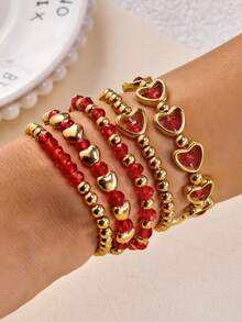 一套5件波西米亚风树脂心形水晶串珠手链，适合日常佩戴和节日佩戴，女士礼物 - 5條手鍊套裝 - 查看 6