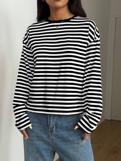 SOLTRB Dam Casual Koreansk Stil Lös Randig Kontrastfärgad T-shirt, Vardagskläder